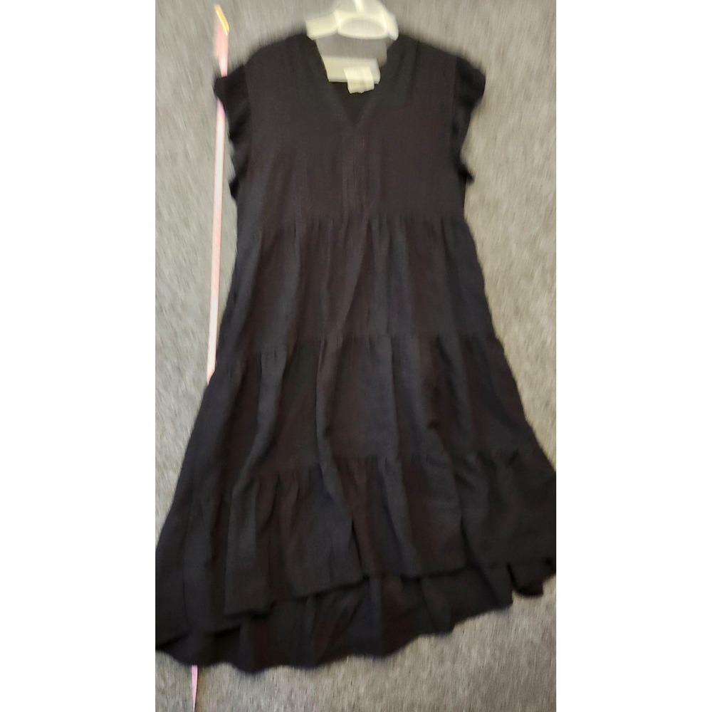 Entro Dress Womens L Black Swing Trapeze Hi Low Flutter Sleeve Tiered Pockets